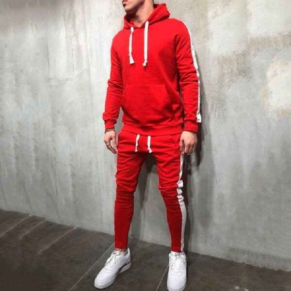 2 Pieces Sets Men Tracksuit Hooded Sweatshirt +Drawstring Pants Male Stripe Patchwork Hoodies - Image 4
