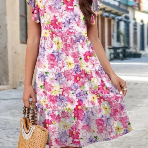 Printed Round Neck Tiered Dress
