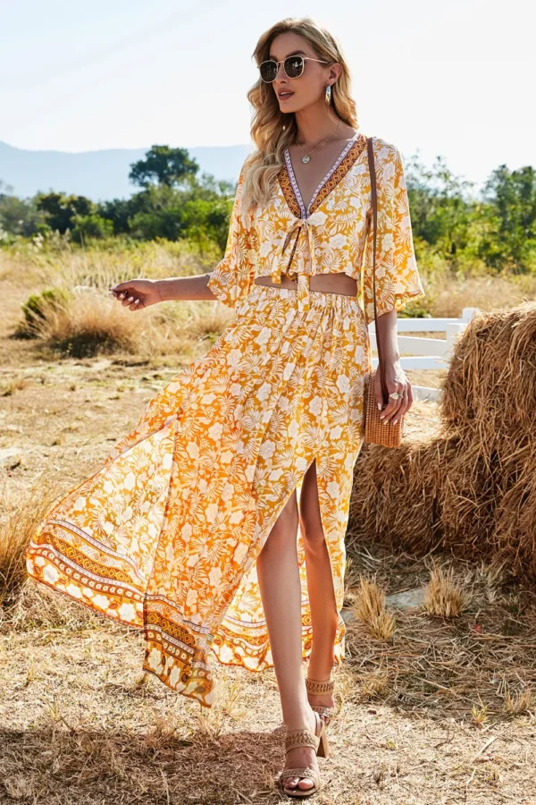Printed Half Sleeve Top and Slit Skirt Set - Image 6
