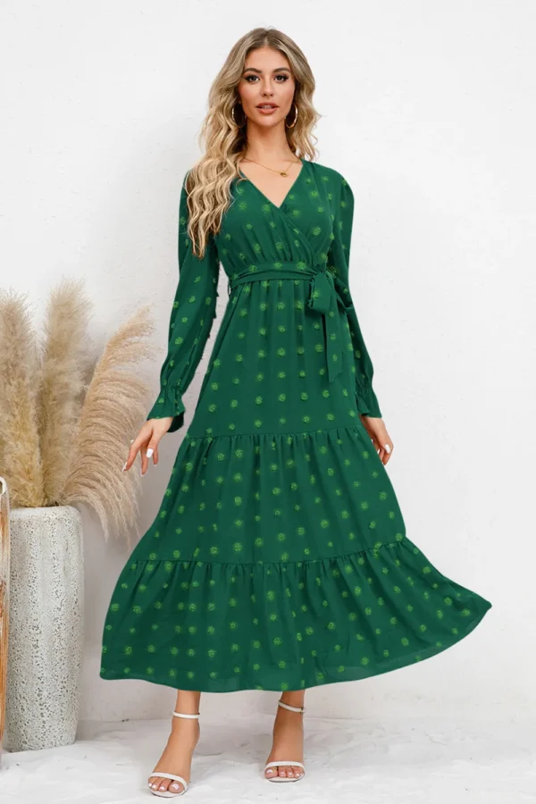 Swiss Dot Tied Surplice Flounce Sleeve Dress - Image 3