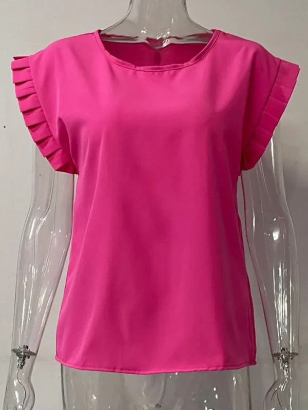 Short sleeved minimalist round neck pleated shirt for women - Image 5