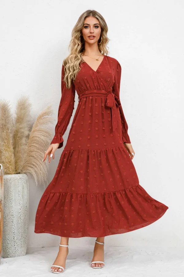 Swiss Dot Tied Surplice Flounce Sleeve Dress - Image 9