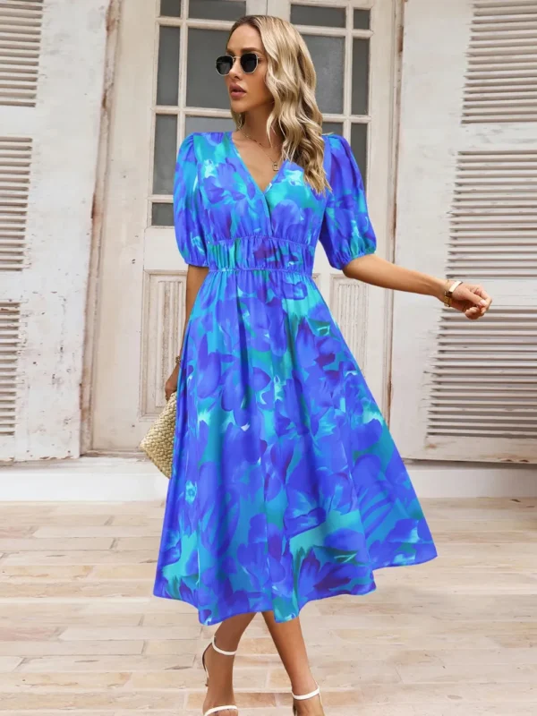 Ruched Printed Surplice Short Sleeve Dress - Image 11