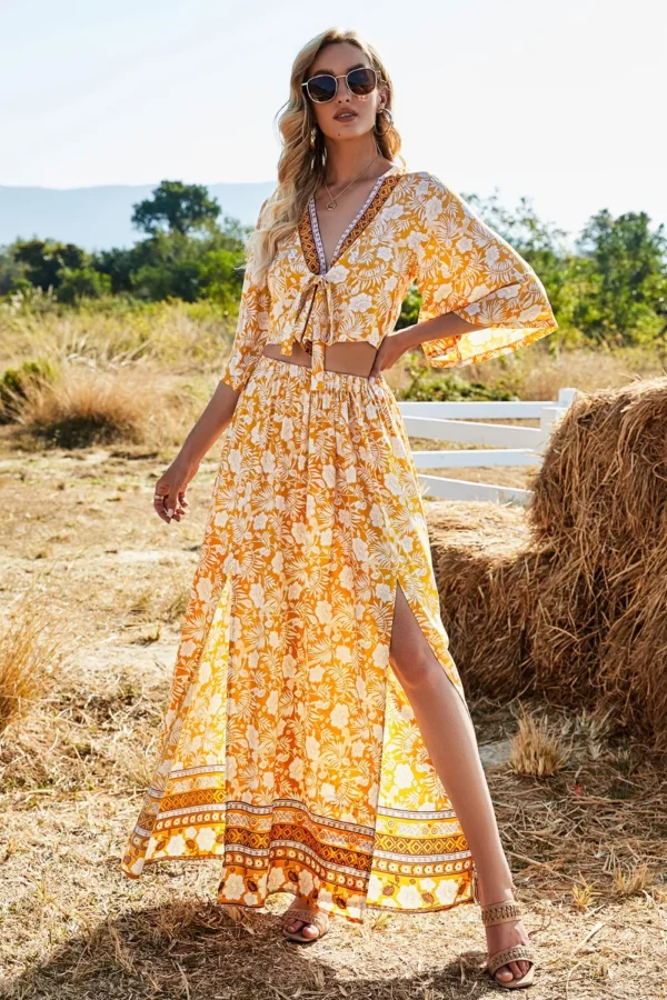 Printed Half Sleeve Top and Slit Skirt Set - Image 4