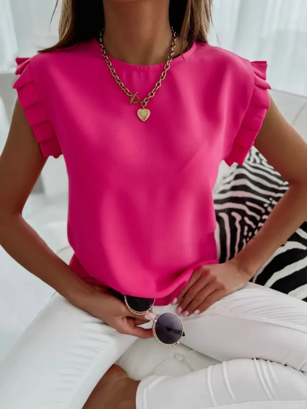 Short sleeved minimalist round neck pleated shirt for women - Image 4