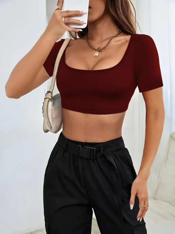 Sports and leisure women's short knitted high elasticity T-shirt top - Image 13