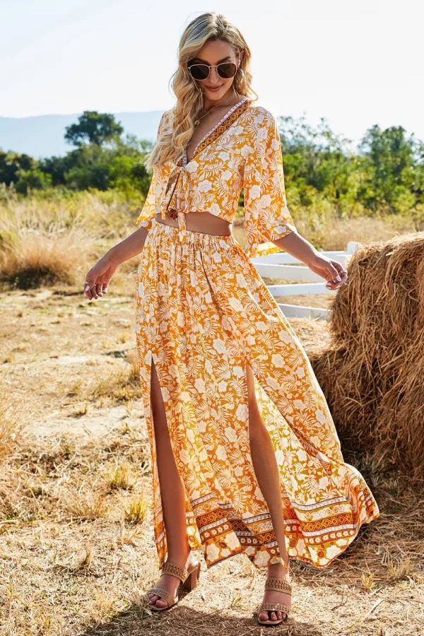 Printed Half Sleeve Top and Slit Skirt Set - Image 5