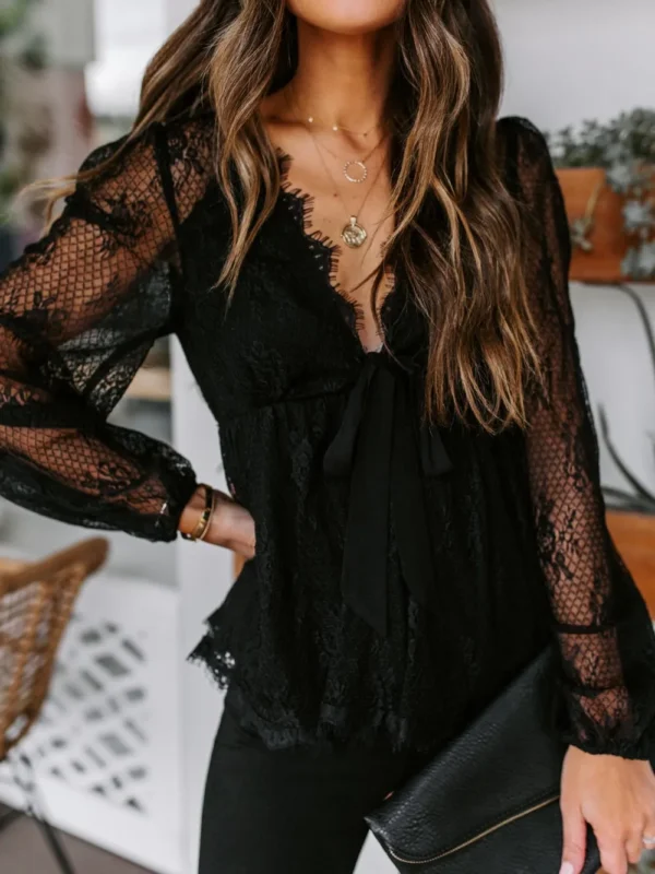 Autumn New Lace Embroidery Splicing Lace Bow Strap Long Sleeve Top - Image 4
