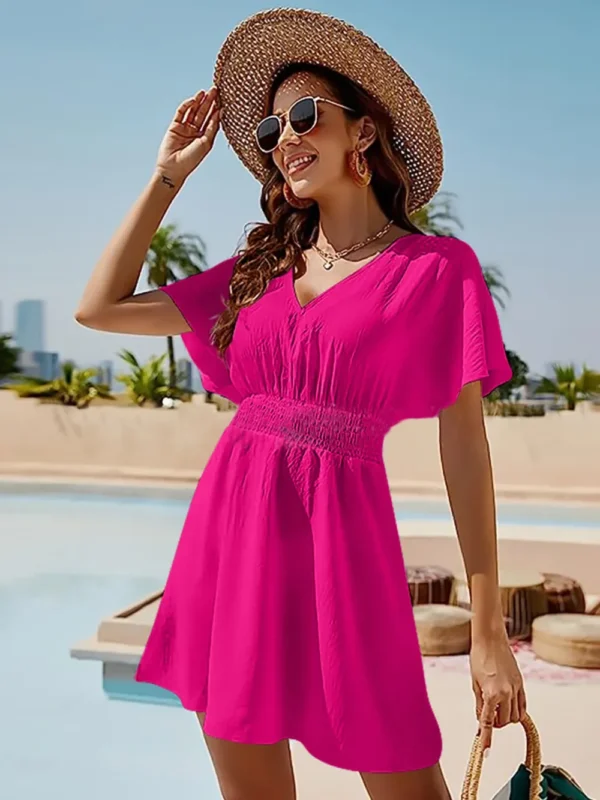 Smocked V-Neck Short Sleeve Dress - Image 7