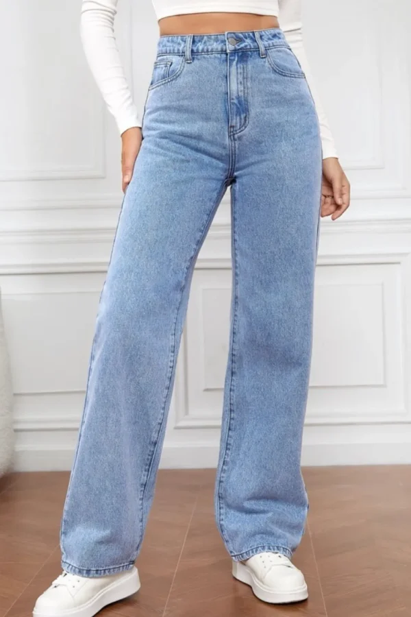 Washed denim fashionable straight leg pants long high waisted jeans pants for women - Image 4