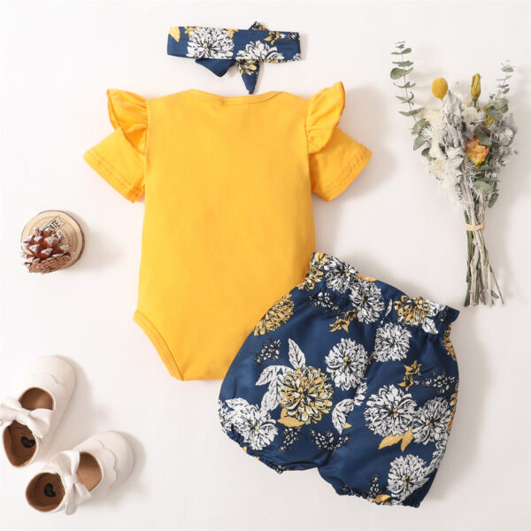 3Pcs Clothes Set Baby Girl Plain Color Ruffle Short Sleeves Bodysuit+Floral Short+Headband Lovely Summer Costume for 0-18 Months - Image 5