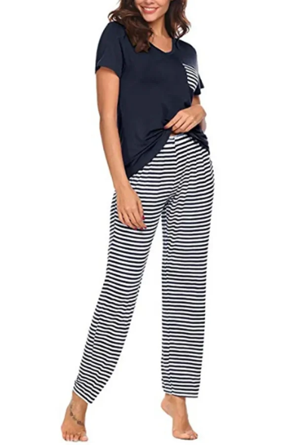 Pocketed Short Sleeve Top and Striped Pants Lounge Set - Image 6