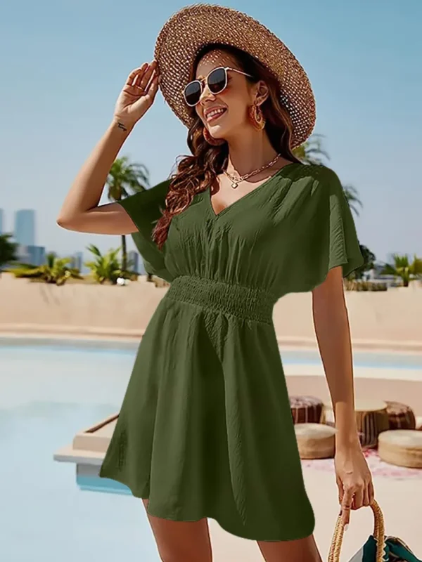 Smocked V-Neck Short Sleeve Dress - Image 13