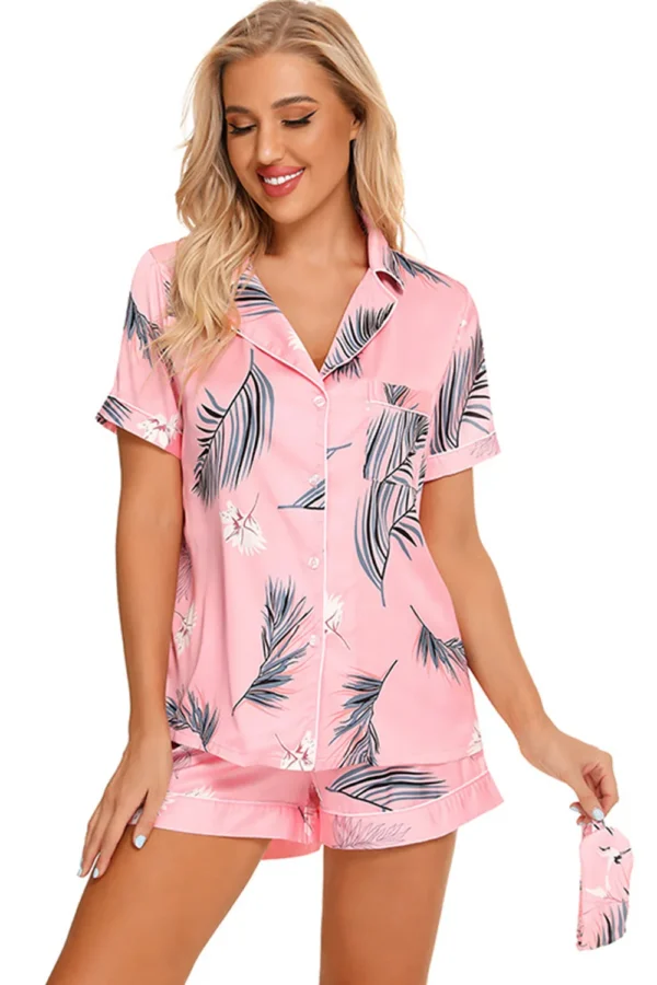 Printed Button Up Short Sleeve Top and Shorts Lounge Set - Image 3