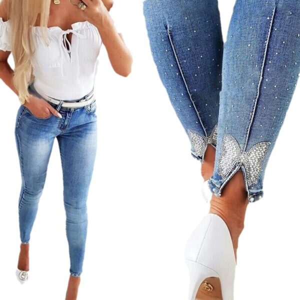 Washed nail bead denim women's short leg pants - Image 4