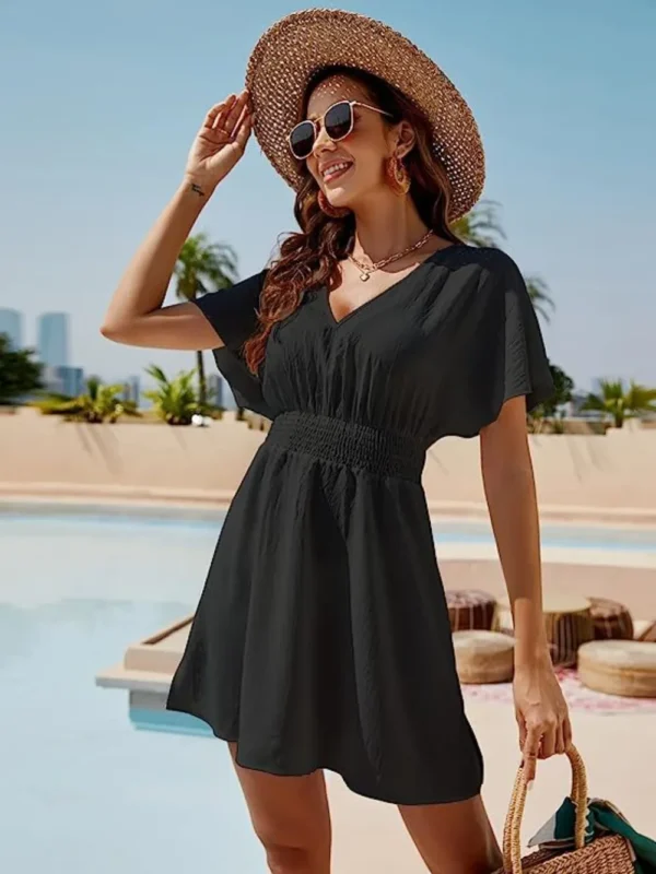 Smocked V-Neck Short Sleeve Dress - Image 4
