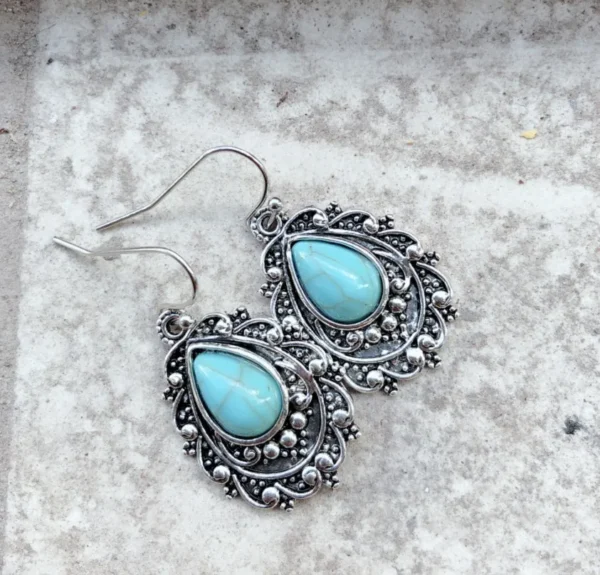 Artificial Turquoise Alloy Teardrop Dangle Earrings - Image 4