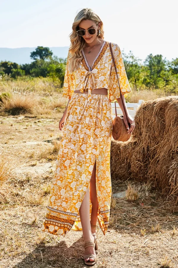 Printed Half Sleeve Top and Slit Skirt Set - Image 3