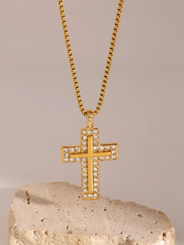 18K Gold-Plated Inlaid Zircon Cross Necklace - Image 4
