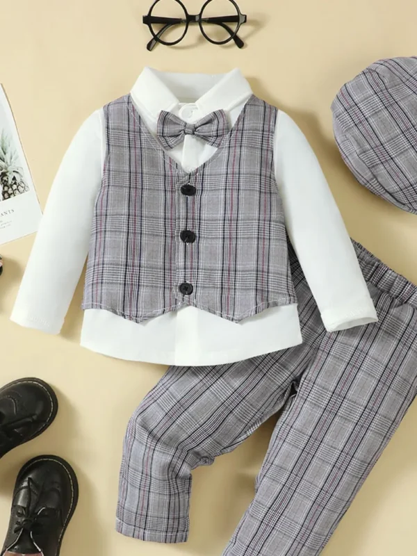 Hat, Long Sleeve Shirt, Plaid Vest and Pants 4-Piece Set - Image 2