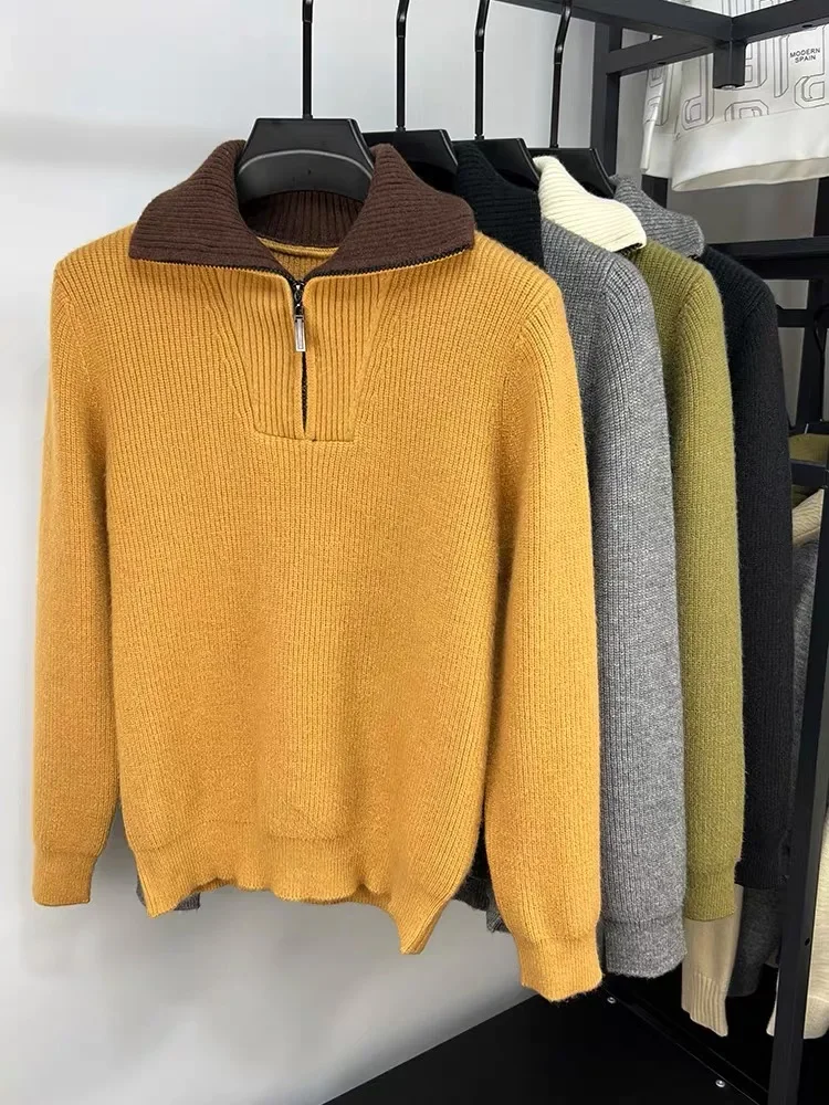 High end brand trend men half zip sweater 2023 autumn winter new casual fashion thickened solid color high neck knitted pullover - Image 3