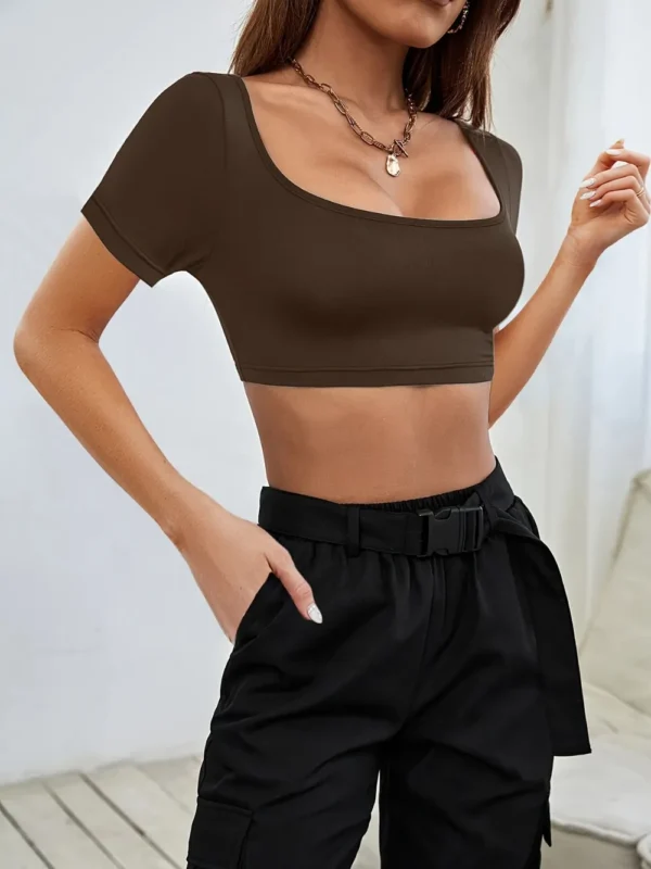 Sports and leisure women's short knitted high elasticity T-shirt top - Image 11