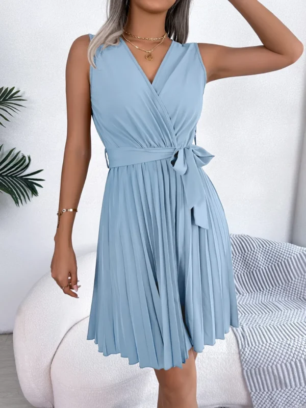 Tied Surplice Sleeveless Pleated Dress - Image 9