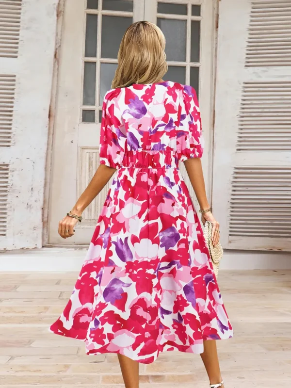 Ruched Printed Surplice Short Sleeve Dress - Image 30