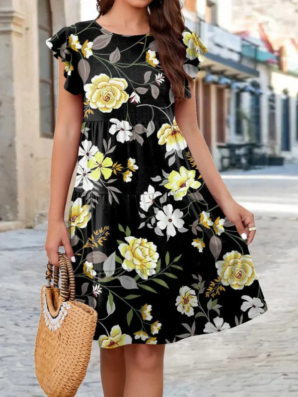 Printed Round Neck Tiered Dress - Image 7