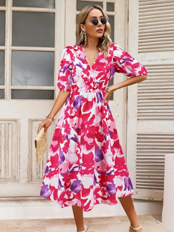 Ruched Printed Surplice Short Sleeve Dress - Image 29