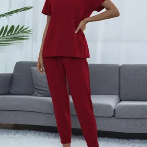 Shiny Round Neck Top and Pants Lounge Set