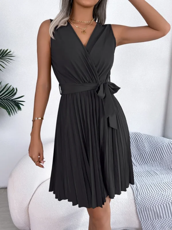 Tied Surplice Sleeveless Pleated Dress - Image 3