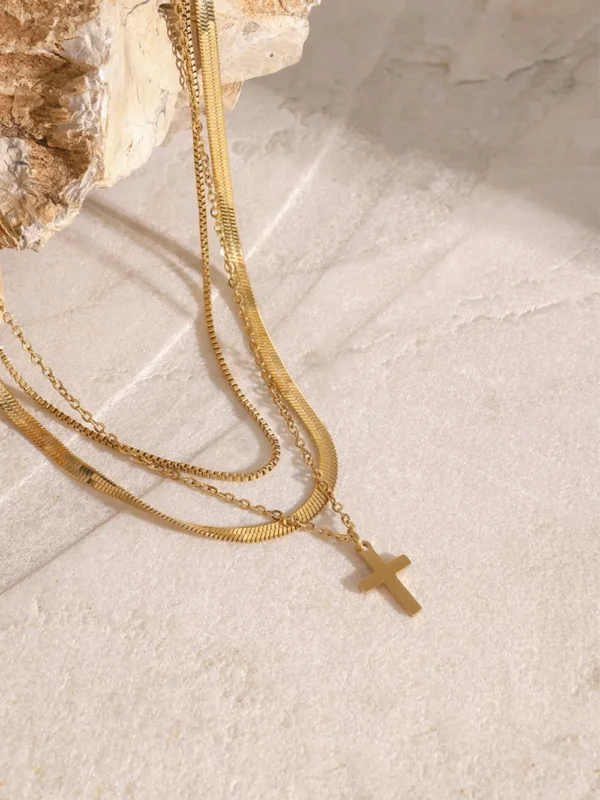 18K Gold-Plated Three-Layered Cross Necklace - Image 3