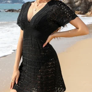 Beach skirt ripple hollow out dress deep V elastic waist