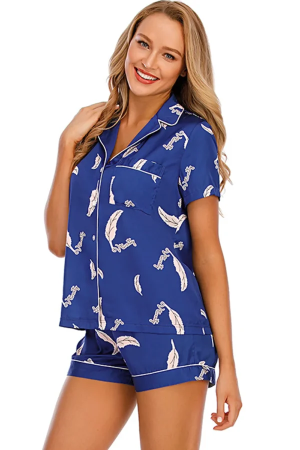 Printed Button Up Short Sleeve Top and Shorts Lounge Set - Image 14
