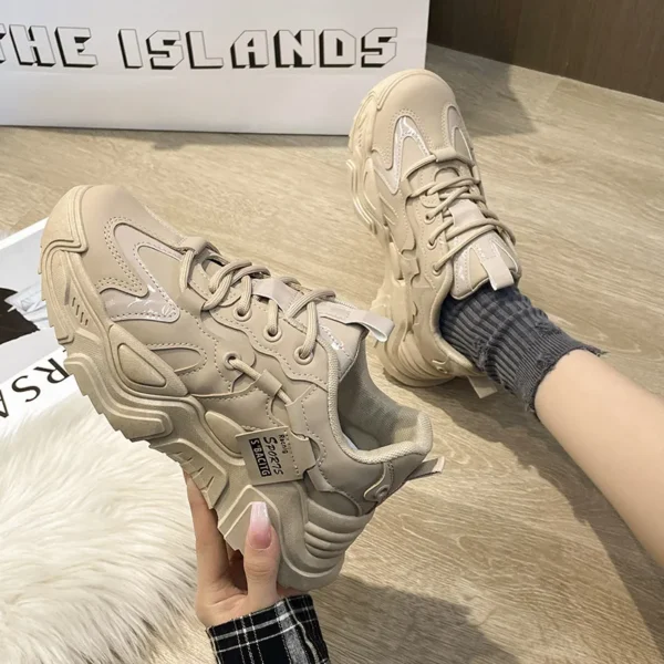 Thick soled women's white single shoes Korean version color blocked lace up height for casual running - Image 4