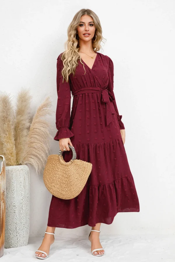 Swiss Dot Tied Surplice Flounce Sleeve Dress - Image 4
