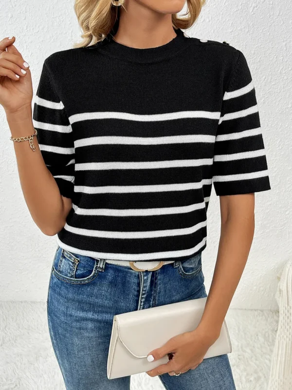 Striped Round Neck Half Sleeve Knit Top - Image 4