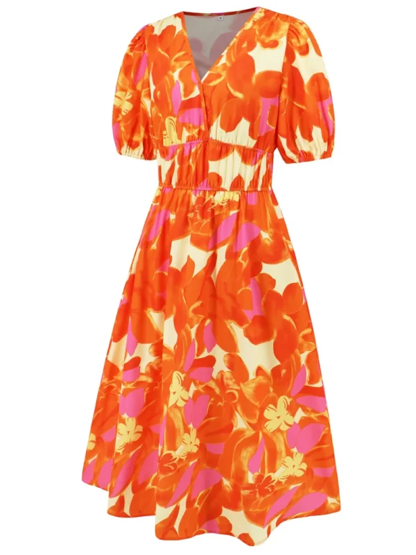 Ruched Printed Surplice Short Sleeve Dress - Image 9