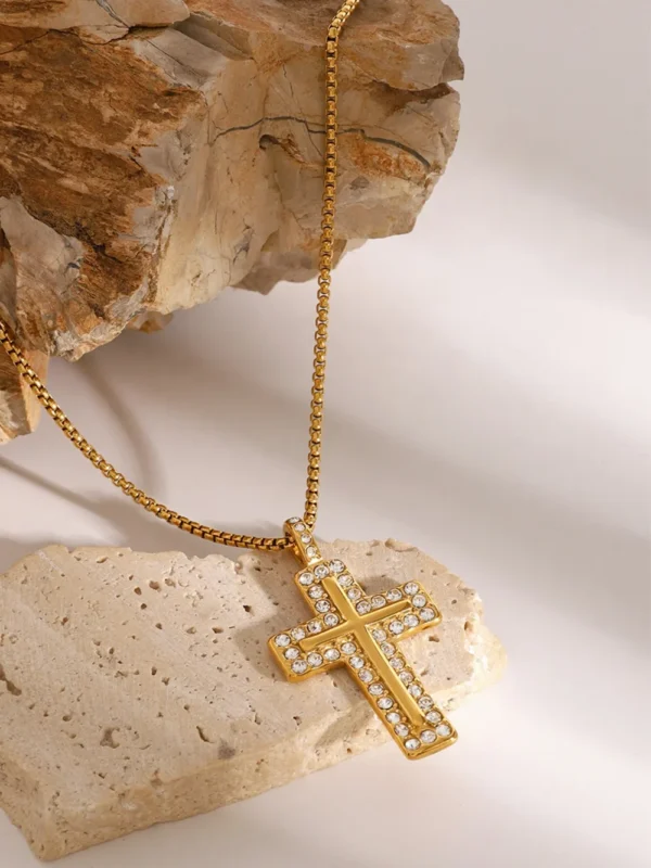 18K Gold-Plated Inlaid Zircon Cross Necklace - Image 5