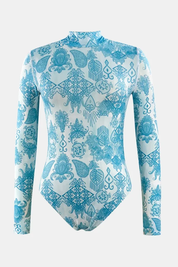 Printed Mock Neck Long Sleeve One-Piece Swimwear - Image 6