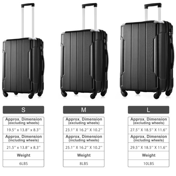 Hardshell Luggage Sets 3 Pcs Spinner Suitcase with TSA Lock Lightweight 20''24''28'' Black + ABS - Image 17