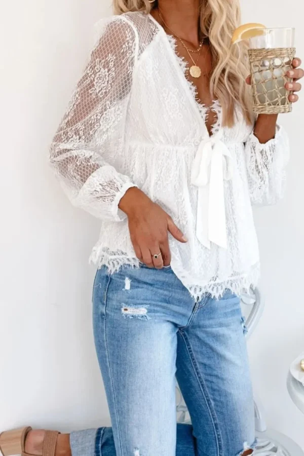 Autumn New Lace Embroidery Splicing Lace Bow Strap Long Sleeve Top - Image 10
