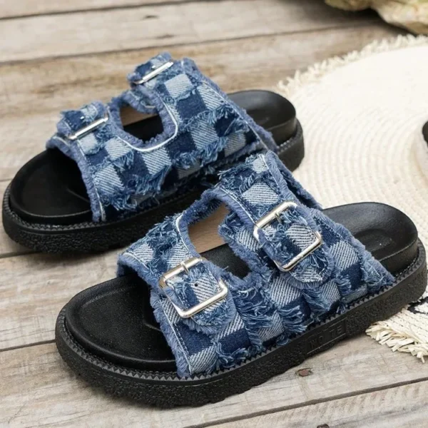 Raw Edge Checkered Cloth Buckle Sandals - Image 3