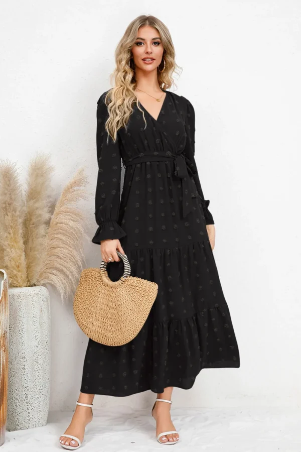 Swiss Dot Tied Surplice Flounce Sleeve Dress - Image 10