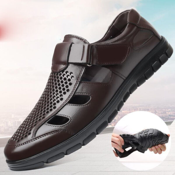 Men's leather sandals summer breathable leather shoes middle-aged and elderly soft soled dad's perforated shoes - Image 2
