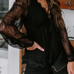 Autumn New Lace Embroidery Splicing Lace Bow Strap Long Sleeve Top