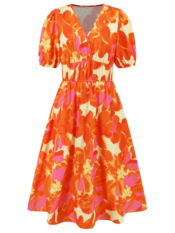 Ruched Printed Surplice Short Sleeve Dress - Image 8