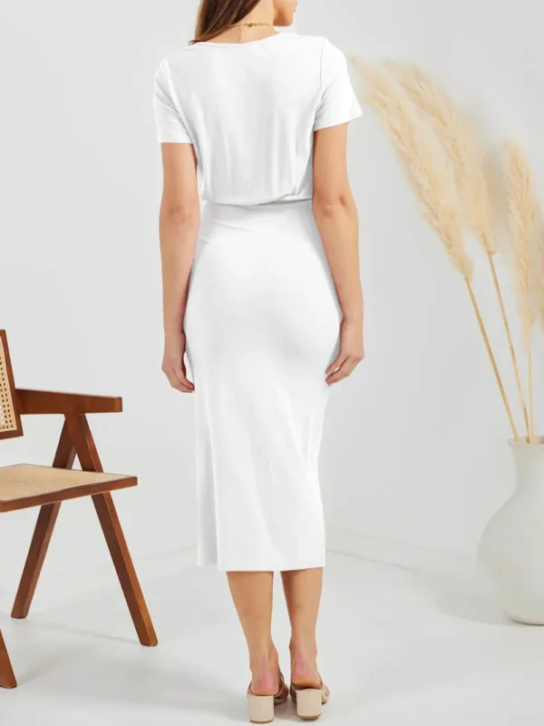 Ruched Slit V-Neck Short Sleeve Dress - Image 2