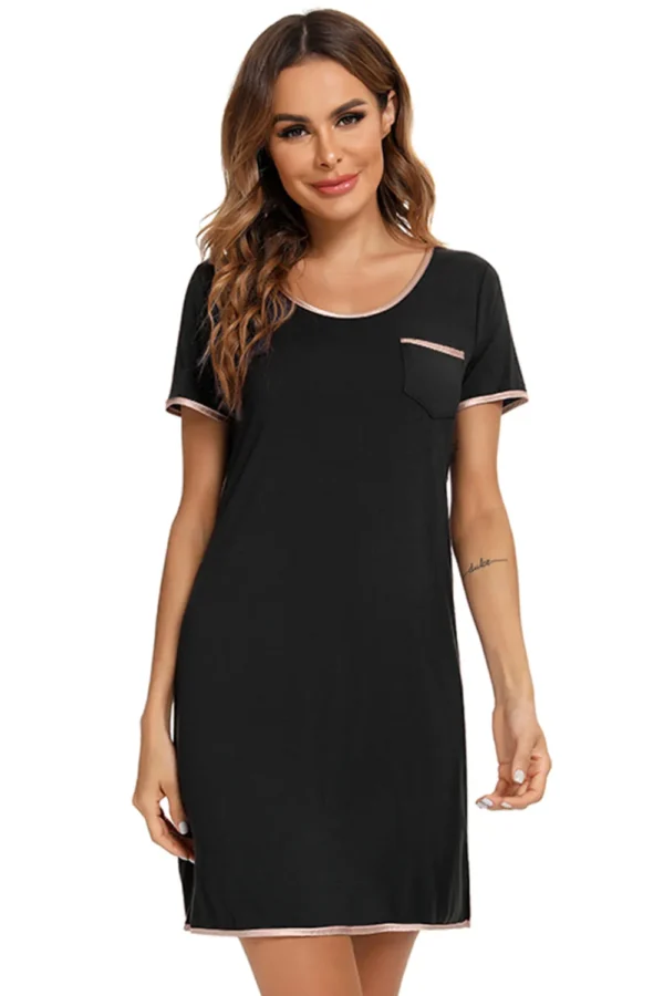 Contrast Trim Pocketed Round Neck Lounge Dress - Image 5